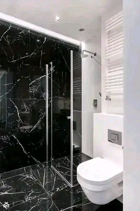 Marble-clad bathroom with walk-in shower