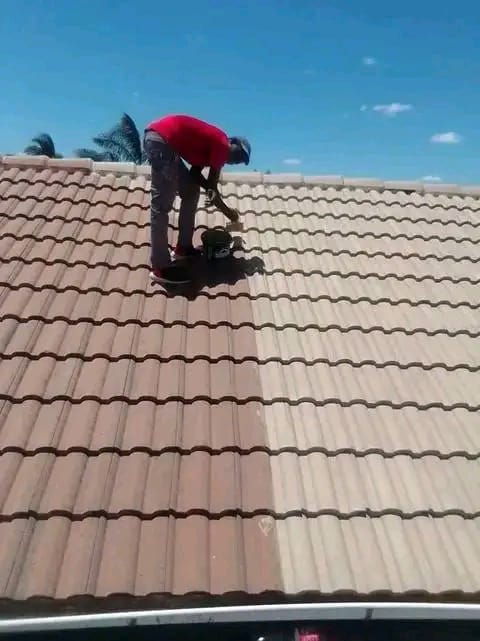 Half-coated tile roof showing before and after